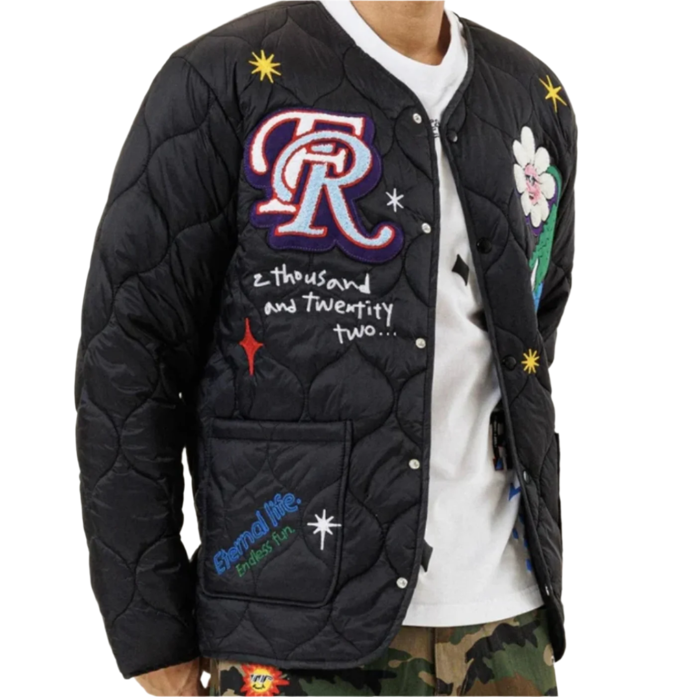 FIRST ROW VARSITY INSPIRED QUILTED JACKET BLACK